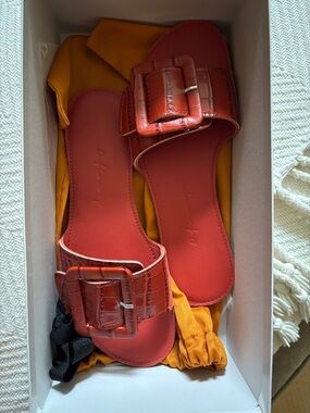 Women's Red Slide Mules with Buckle Detail